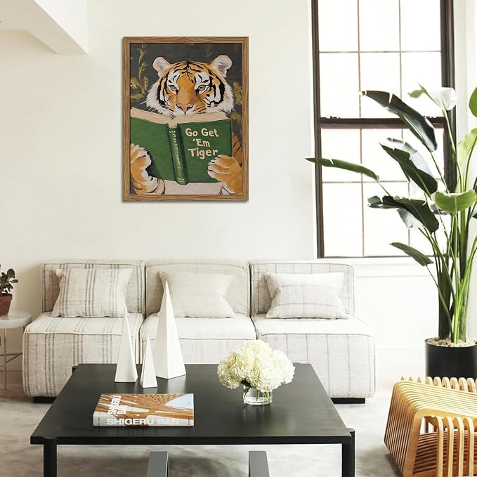 Framed Tiger Canvas Wall Art, Motivational Tigers Reading Poster Print, Humorous Bookworm Pictures Wall Decor, Vintage Go Get Em Tiger Painting for Office Library Bedroom Decor 12x16 inch