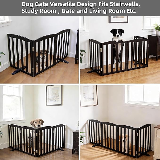 ZJSF Foldable Freestanding Indoor Dog Gate for House Wood Long Pet Gates Dog Fence for Stairs Puppy Gates for Hallways, Puppy Gate,Support Feet Included, Black, 24 "Height-3 Panels