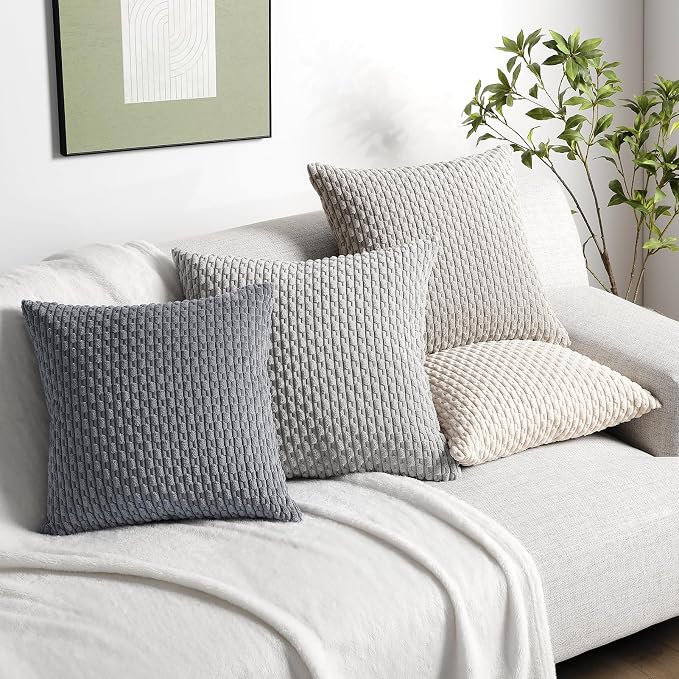 Softalker Corduroy Decorative Throw Pillow Covers 20x20, 4 Pack, Grey/Beige | Soft Boho Striped Pillow Cases, Couch Fluffy Cushion Covers for Farmhouse Home Decor Bed Living Room
