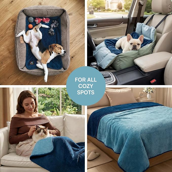 Luciphia Waterproof Blanket for Dog, Washable Reversible Fleece Pet Throw | Durable protector for bed, couch, crate, and furniture; leakproof and calming for dogs, cats, puppies Blue S(40''x28'')
