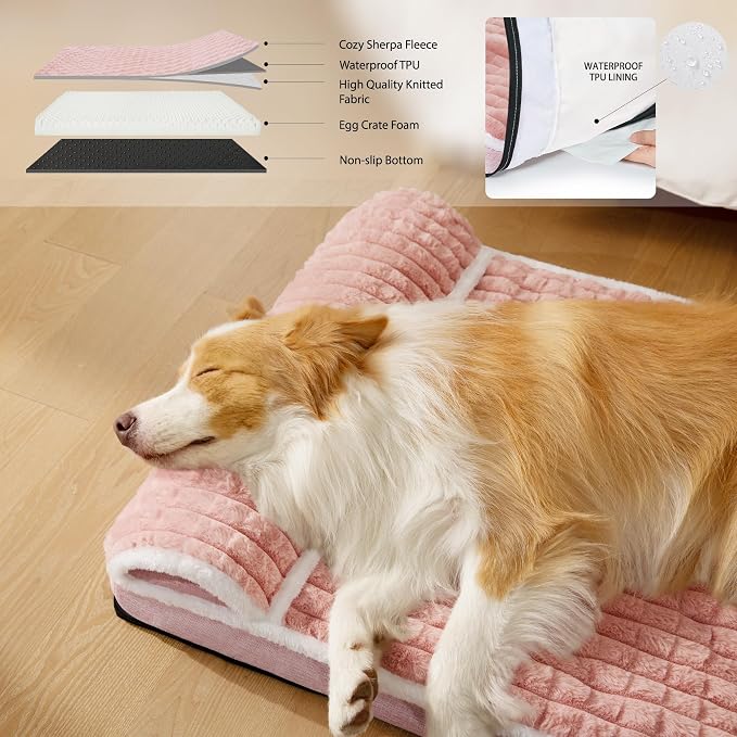 Orthopedic Medium Dog Bed Pillow Pet Sofa Bed 30''X20'' Pink | Egg-Crate Foam Pet Couch Medium Size Dog, Waterproof Removable Washable Cover,Furry Puppy Crate Mat With Nonskid Bottom