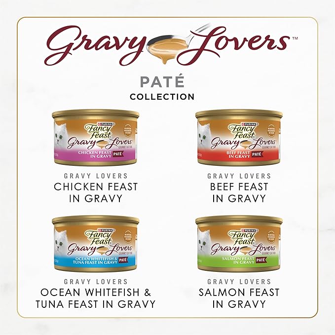 Purina Fancy Feast Gravy Lovers Wet Cat Food Variety Pack, 4.5 lb, 24 Pack | Pate in gravy recipies made with no artificial colors or preservatives, 100 percent complete and balanced nutrition