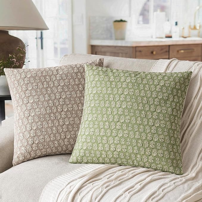 Foindtower Set of 2 Decorative Vintage Floral Print Throw Pillow Covers Neutral Modern Farmhouse Cushion Covers Boho Home Decor for Sofa Couch Chair Bedroom Living Room Outdoor,22×22 Inch,Lime Green