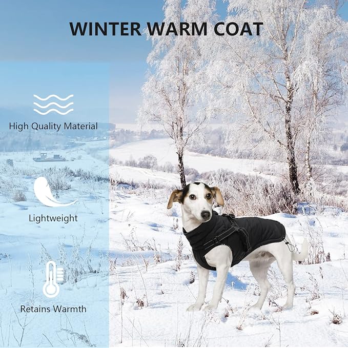Geyecete Winter Warm Coat Geyecete Waterproof Dog Jacket with Harness Traction Belt,Pet Outdoor Jacket Dog Autumn and Winter Clothes-Black-XL