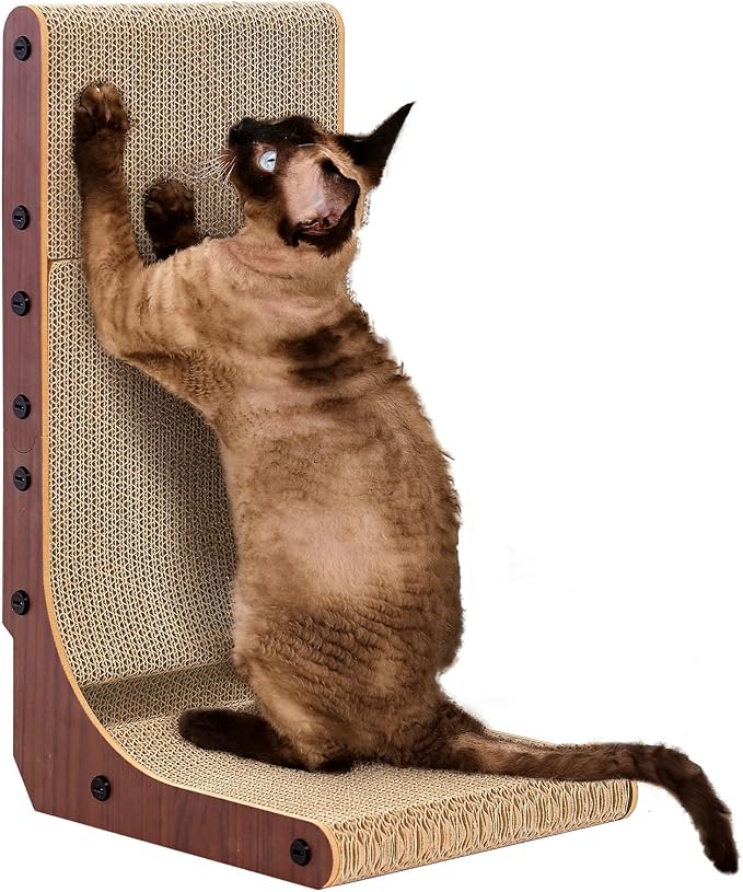 EHEYCIGA Cardboard Cat Scratcher for Indoor Cats, 19 Inch, Dark Brown | L Shaped Scratching Post, Vertical Cat Scratching Board with Ball Cat Toy, Furniture Protector, Kitten Cat Scratch Pad