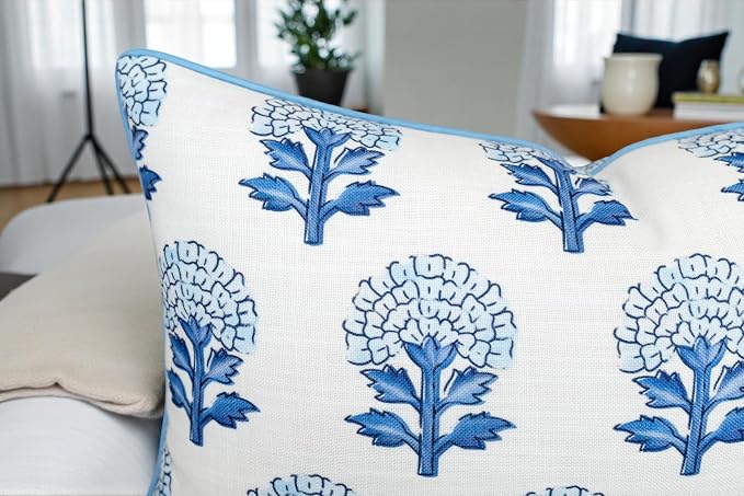 Marigold Floral Print 14x36 Extra Long Lumbar Pillow Cover, Blue | Blue marigold floral on off-white slub, blue piping; both sides printed; hidden zip; ext; cover only