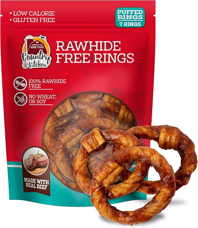 Country Kitchen Rawhide Free Beef Rings Dog Chews, 7 Count | Made with Real Beef, Highly Digestible, Gluten Free