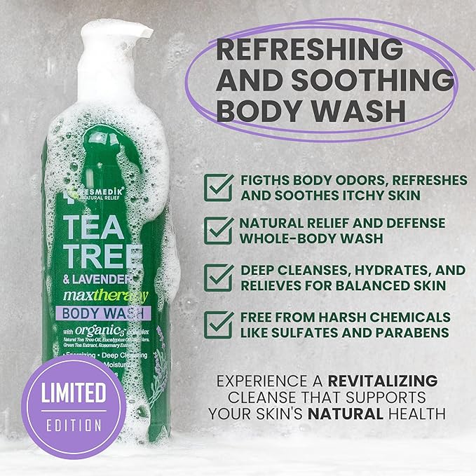 KESMEDIK Tea Tree Lavender Body Wash MaxTherapy, Itchy Skin Relief, Antifungal Defense, Fights Body Odor, Soothes Jock Itch & Athlete's Foot, Intimate Wash, Men & Women, 16 fl oz, Limited Edition