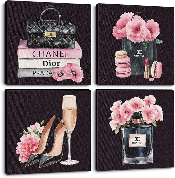 4 Pcs Fashion Canvas Wall Art, Framed Pink and Black Wall Decor 8 x 8 Inch | Aesthetic Posters Art Prints Artwork Pink Pictures for Women Teen Girls Room Bedroom Apartment Vogue Room Decor