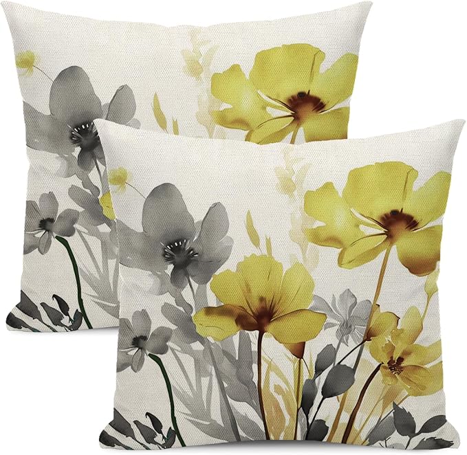 Spring Floral Pillow Covers 18x18 Inches Set of 2 Gray Yellow Floral Throw Pillow Covers Outdoor Rustic Summer Flower Decor Pillowcase Farmhouse Decorative Square Cushion Cover for Sofa Couch
