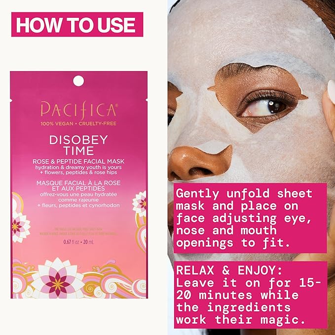 Pacifica Disobey Time Anti-Aging Facial Sheet Mask 6-Pack – Hydrating Rose & Peptide Mask for Dry Skin, Infused with Hyaluronic Acid & Green Tea, Fights Fine Lines, Vegan & Cruelty-Free