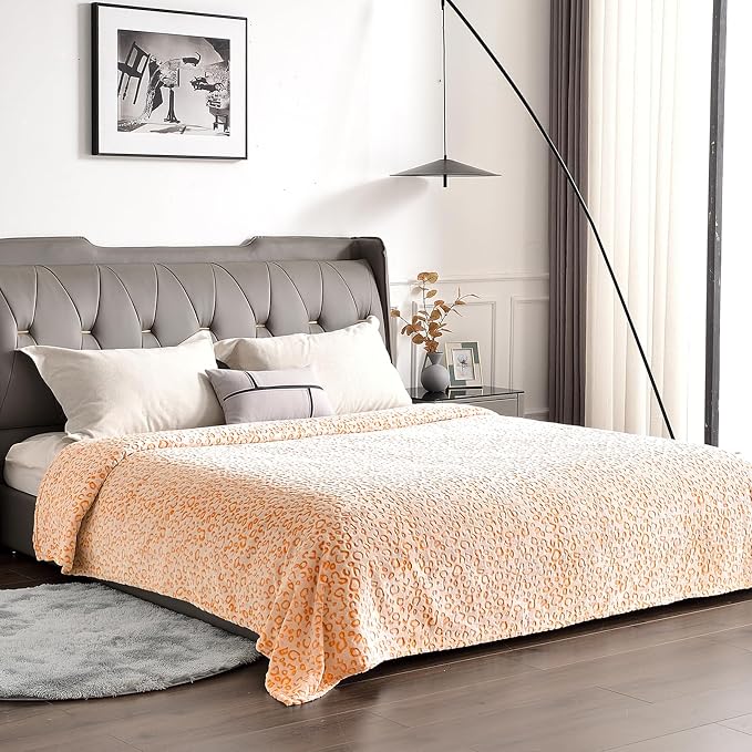 PLEASANT BOULEVARD | Leopard Throw Blanket Fleece, Premium Lightweight Cozy Warm Plush Microfiber Bedspread for Couch Sofa and Bed (Orange, King (108 x 90 inches))