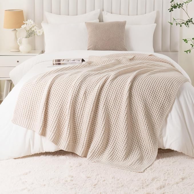 Cream White Throw Blanket for Couch Bed, Waffle Knit Throw Blanket 60"x80" | Ivory Chunky Chenille Throw Blanket, Modern Farmhouse Knitted Blankets, Warm Decorative White Blanket Throw for Home Decor