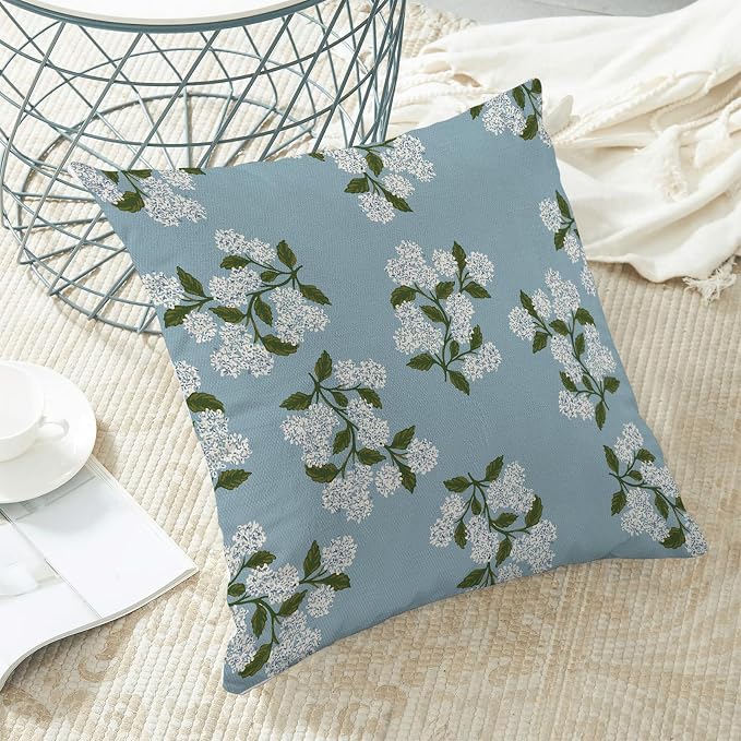 AEIOAE Spring Pillow Covers 18x18 Inch Set of 2, Baby Blue Green Hydrangea Flower Throw Pillows Case,Floral Summer Outdoor Seasonal Decorative Farmhouse Decor Cushion Covers for Home Sofa Bed Couch