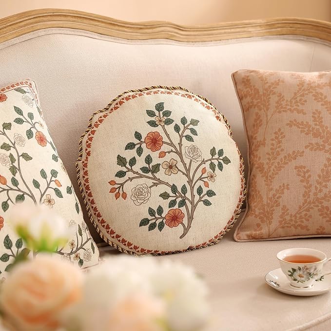 Designer Elegant Linen Throw Pillow Cover,Diameter 16"-Flora B | Vintage French Round Decor Pillow Cover,Concealed Zipper Design,Floral Pattern,Sofas,Bedroom,Living Room,Lounge Chairs