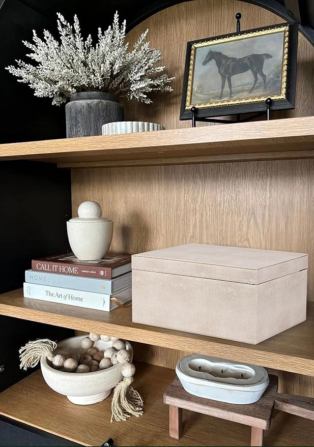 HofferRuffer Faux Leather Decorative Box, Large Wooden Structure Keepsake Box Accessory Organizer Jewelry Organizer with Hinged Lid, Storage Container for Home or Office (LightGrey Shagreen)