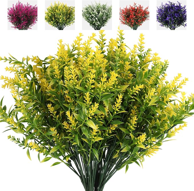 RECUTMS 8Pcs Artificial Lavender Flowers for Outdoor Decoration,Fake Shrubs | Spring Fall Decor,Yellow Faux Flowers For Outdoor Planters UV Resistant Faux Greenery Bushes House Garden Patio Indoor Decor