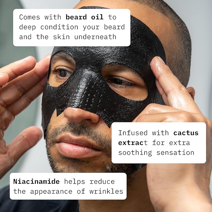 Cardon Charcoal Face Mask for Men with Beard Oil (4-Pack) | Ideal Stocking Stuffer for Men - Helps Detox, Hydrate, and Nourish with Anti-Aging Serum - Peel Off Mens Face Mask for Post Shave Soothing