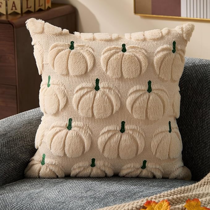 DFXSZ Fall Pillow Covers 18x18 2Pcs Beige Green Pumpkin Fall Decorations | Fall decor Set of 2 Throw Pillow Cases Soft Plush Faux Fur Wool Couch Cushion for Chair Sofa Bedroom Living Room Home Decor