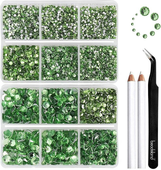 Beadsland 8300PCS Flatback Rhinestones, Light Green Rhinestone Nail Gems Round Crystal Rhinestones for Crafts, Mixed 10 Sizes with Wax Pencil and Tweezer Kit, SS3-SS30, Peridot