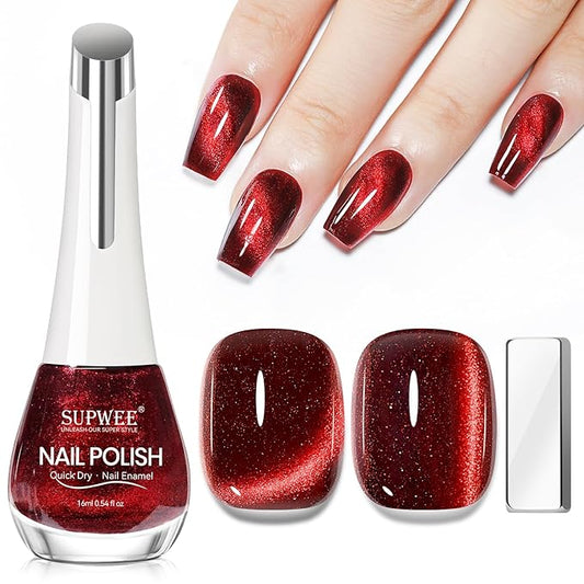 Red Magnetic Nail Polish Non Gel, Red Cat Eye Nail Polish Quick Dry Lacquer Manicure Gift For Women Girls 16ml/0.54 oz