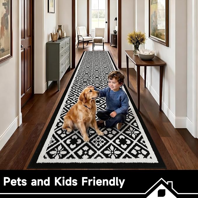 Ileading Runner Rugs for Hallways 2.6x10ft Heavy-Duty Durable Entryway Floor Mat with Non Slip Rubber Backing for Busy Traffic Extended Indoor Doormat Machine Washable Kitchen Throw Rug(Black)