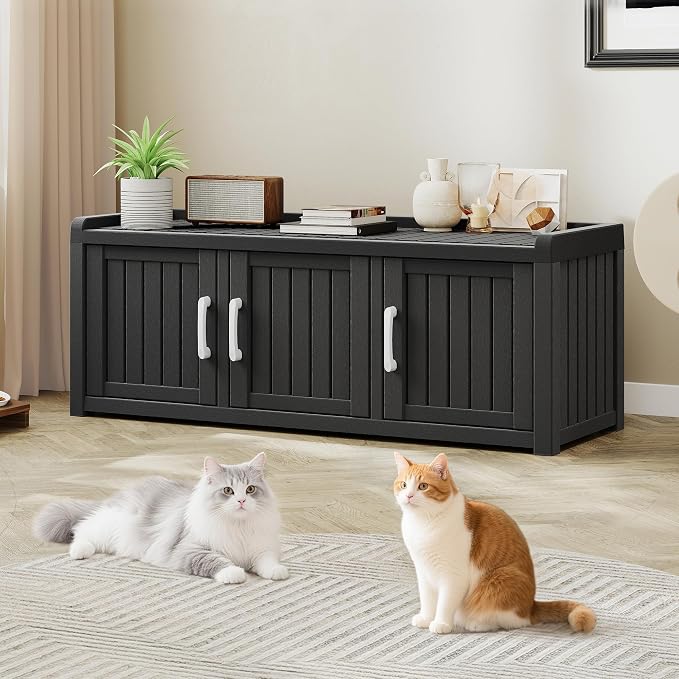 KAMABOKO Hidden Cat Litter Box Enclosure Furniture with 3 Doors & Multiple Windows, Modern Litter Box Cabinet for Large Cats, Waterproof PP Cat Furniture for Living Room