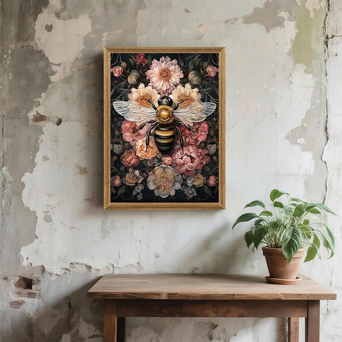 ICHZUMW Framed William Morris Bee Floral Vintage Canvas Wall Art 12x16 In | Dark Cottagecore Prints, Antique Aesthetic Bumblebee Wall Decor for Bedroom Living Room Bathroom Office, Ready to Hang