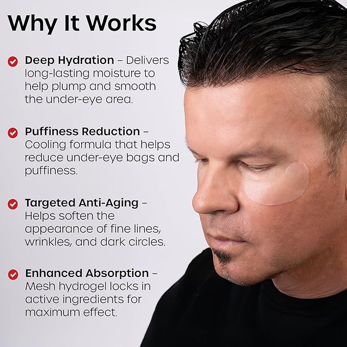 The Man Mesh Hydrogel Under Eye Patches for Men - Cooling, Hydrating & Firming Eye Masks for Dark Circles & Puffiness - Men's Anti-Aging Patches with Hyaluronic Acid, Collagen & Vitamin E. (6 Pairs)