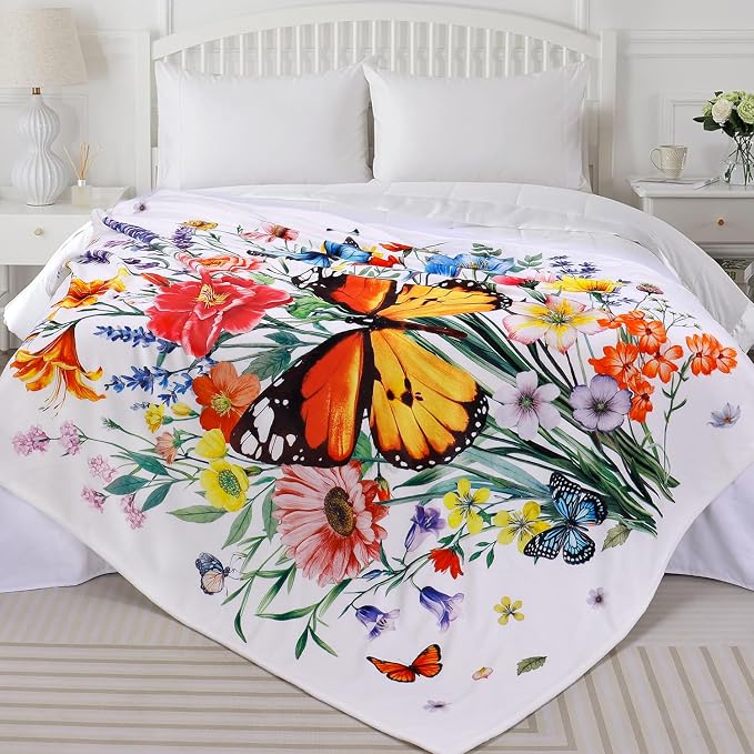 Floral Blanket Ultra Soft Butterfly Flowers Throw Blankets Wildflower Leaves Flannel Fleece Throw Watercolor Warm Cozy Fuzzy Plus Gift Cabin Blanket for Bed Sofa, 50" X 60"