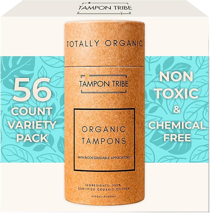 Tampon Tribe Variety Pack Organic Tampons for Women | 56 Non-Toxic Tampons | Natural 100% Organic Cotton, Hypoallergenic, Metal and Chemical-Free with Biodegradable Applicator | (56 Count - Variety)