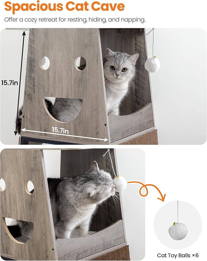 56in Modern Wood Cat Tree Tower for Indoor Cats with Hammock | Multi-Level Climbing Design, 2 Spacious Hammocks, Top Perch, Cat Condo, Scratching Boards, Ideal for Multi-Cat Homes,Greige
