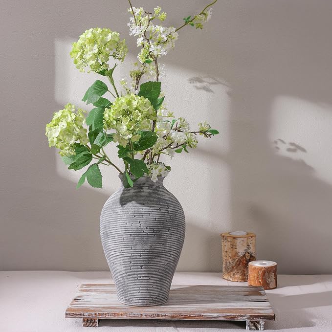 Ceramic Flower Vase Home Decor, 9 in Farmhouse Table Vases Rustic Vintage Living Room Kitchen Bedroom Pottery Decorative Vases for Flowers House Book Shelf Office Coffee Desk Dining Entryway, Grey