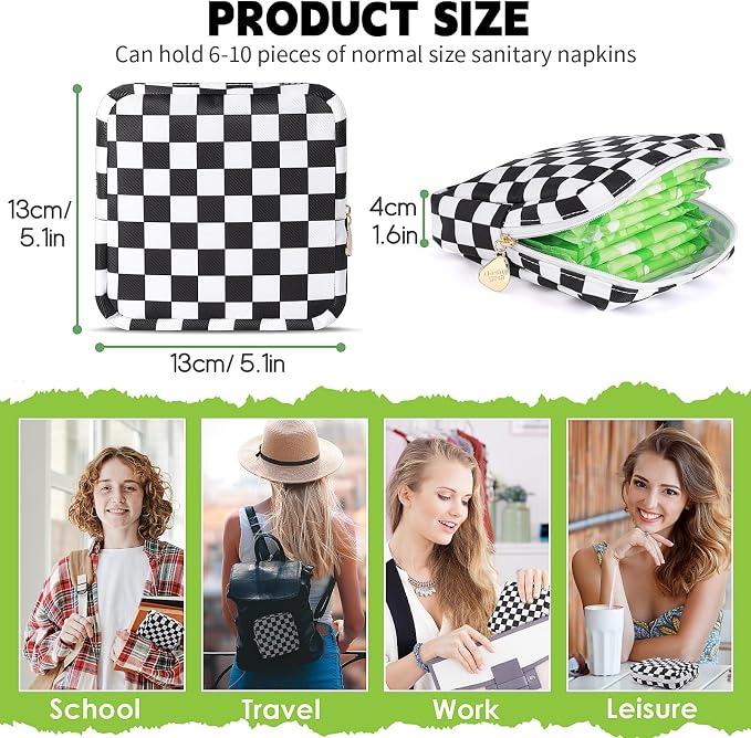 Sanitary Pad Storage Bag Portable Period Bag for Teen Pads/Sanitary Napkins/Small Tampons, Sanitary Napkin Storage Bag First Period Gifts for Teen Girls (Black-white Check)