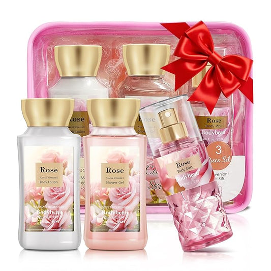 Mother's Day Rose Spa Gift Set - 3PCS Luxury Bath and Body Kit for Women with Shower Gel, Body Lotion & Body Mist - Portable Travel Size Self Care Gift for Mom, Wife, or Her