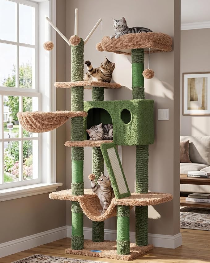 Hey-brother Cat Tree Tower with Padded Platform Bed, Hammock, MPJ019-SCA | 53 Inches Cat House with Large Cozy Condo, Toy Balls and Sisal Scratching Posts for Indoor Multi-Cats, Cactus
