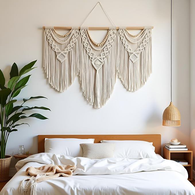 guzhiou large macrame wall hanging - Boho Tapestry Macrame Wall Decor Art- Chic Bohemian Handmade Woven Tapestry Home Decoration for Bedroom Living Room Apartment Wedding Party - 43"x32" (Wood bead)