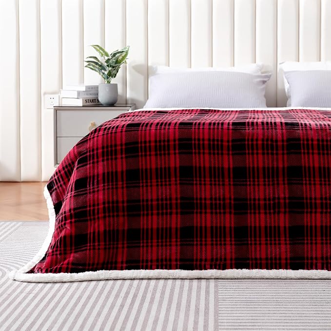 Sherpa Plaid Throw Blanket(60" X 70", Plaid Red), Fuzzy Fluffy Cozy Soft Blanket, Fleece Flannel Plush Twin Size Microfiber Blanket for Couch Bed Sofa