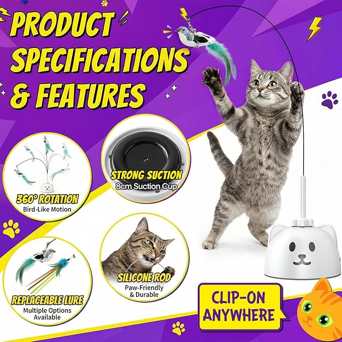 Interactive Cat Toys for Indoor Cats, 360° Automatic Spin Flying Bird Wand