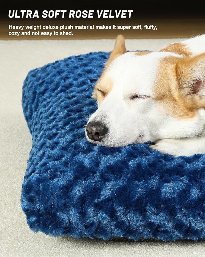KSIIA Washable Dog Bed Medium Size Dog Crate Bed Plush Pet Mat 29"x21" Blue | Deluxe Plush Comfy Kennel Pad, Anti-Slip Bottom,Deep Sleeping Mat for Medium Dogs,Machine Washable for Easy Cleaning