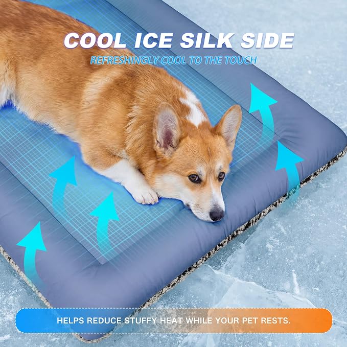 Cooling Mat for Cats, Reversible Self Warming Cat Bed, Dark Blue, 18x24 In | Cool-Touch Ice Silk Side, Plush Fleece Warm Side, Heat-Reflective Foil for Indoor Cats, Kittens, Small Dogs and Crates