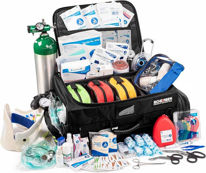Scherber Fully Stocked First Responder Ultimate Professional EMT/EMS Trauma Kit | HSA/FSA Approved | w/10+ Compartments, Zippered Pockets, Dividers, Oxygen Access & 260+ First Aid Supplies (Black)