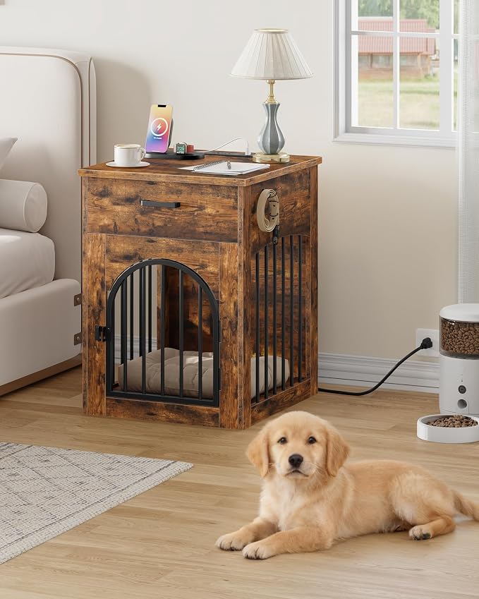 CHOEZON Dog Crate Furniture, Wooden Dog Kennel with Charging Station and Storage Drawer, Indoor Pet Crate End Table for Small Breeds, Dog Cage Furniture for Living Room, Bedroom, Rustic Brown MGW01UFG