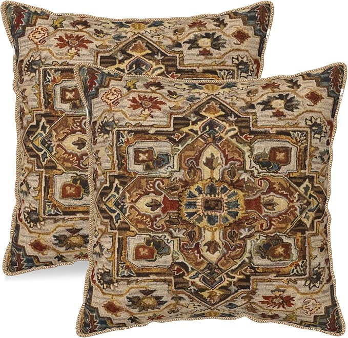 KSLIDS Boho Brown Soft Velvet Throw Pillow Covers Set of 2 Vintage Bohemian Rug Carpet Decorative Pillow Covers 16x16 Inch Antique Ethnic Pillow Case for Sofa Couch Living Room Home Decor