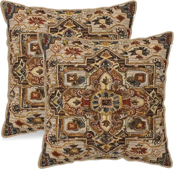 KSLIDS Boho Brown Soft Velvet Throw Pillow Covers Set of 2 Vintage Bohemian Rug Carpet Decorative Pillow Covers 18x18 Inch Antique Ethnic Pillow Case for Sofa Couch Living Room Home Decor