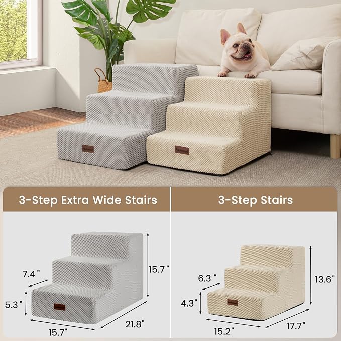 Aodisman Dog Stairs for Small Dogs,Wider 3-Step Pet Steps for Couch & Bed | High-Density Foam Dog Steps,Anti-Slip Bottom,Easy for Puppies,Older Cats & Dogs to Reach Sofas & Chairs,Light Grey,15.7" H