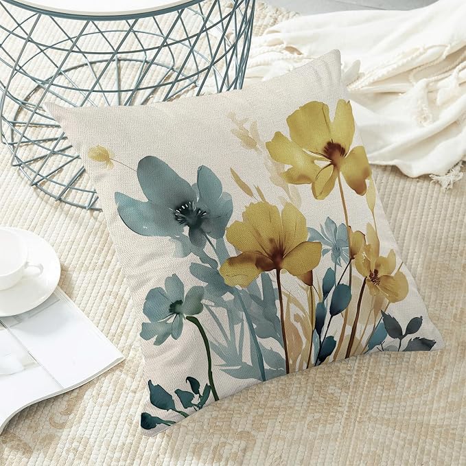Spring Floral Pillow Covers 18x18 Inch Set of 2 Blue Yellow Floral Throw Pillow Cover Outdoor Modern Summer Flower Decoration Pillowcase Farmhouse Decorative Linen Cushion Cover For Sofa Couch