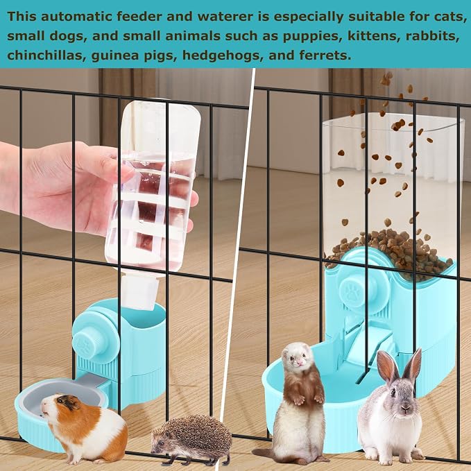 GPY Automatic Hanging Gravity Pet Feeder and Water Dispenser Set | Automatic Rabbit Bunny Feeder and Guinea Pig Water Bottle Water Dispenser for Dogs Cats Pets Animals Large Capacity (Blue)