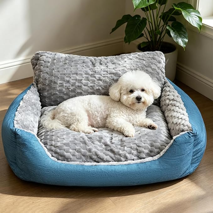 Small Dog Bed & Cat Sofa, 24"x20"x12" Soft Plush Calming Pet Bed for Sleep, All-Season Faux Fur Linen Orthopedic Puppy Bed with Non-Slip Bottom, Machine Washable, Fits Pets up to 17 Ibs