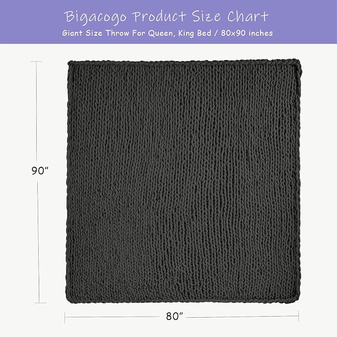 Bigacogo Chunky Knit Throw Blanket for Couch, 80x90 inches, Dark Grey | Hand Knit with Jumbo Chenille, Soft Breathable Cable Knit for Sofa Bed Living Room, Machine Washable, Gift for Mom Friend